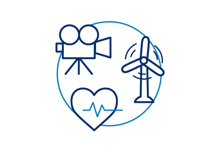 A movie camera, a wind turbine, and a heart.