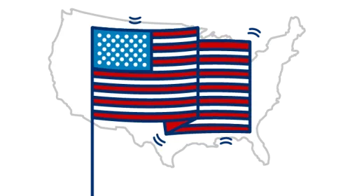 A U.S. flag over an image of the country.
