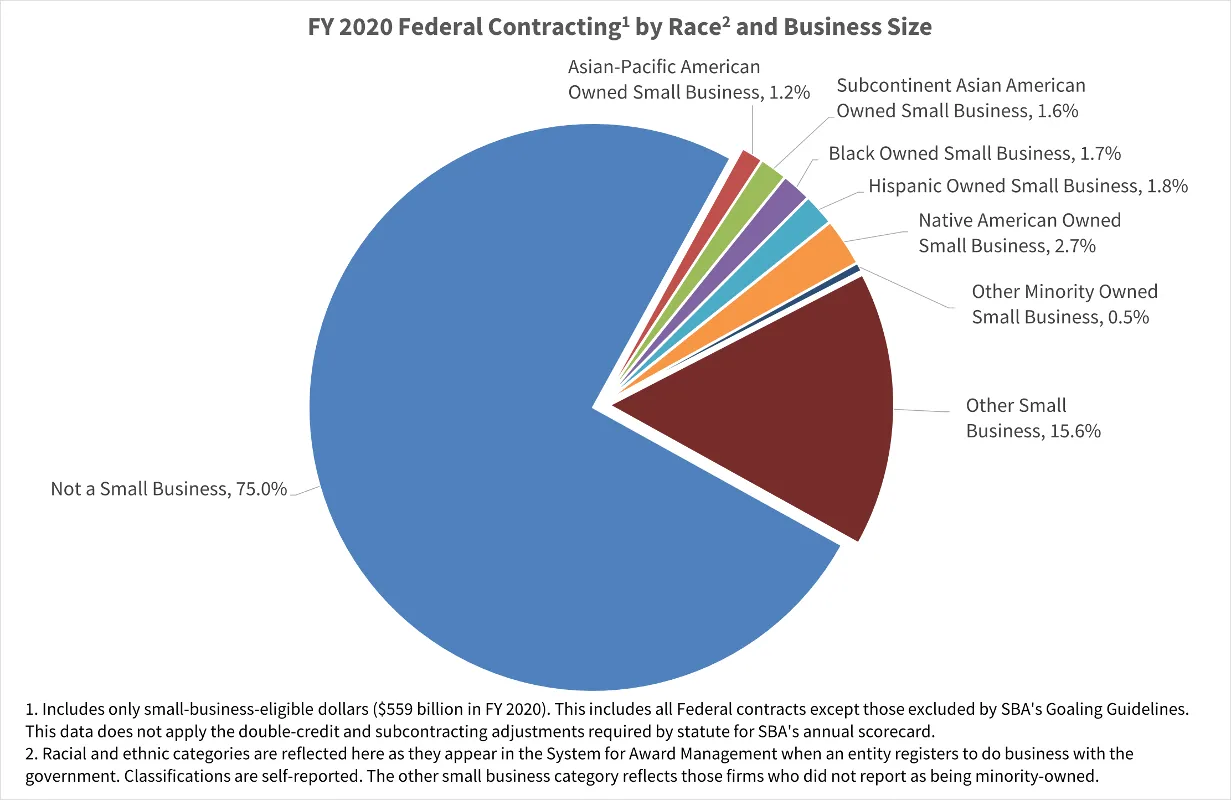 Pie chart showing FY 2020 federal contracting by race and business size (see data summary below for details).