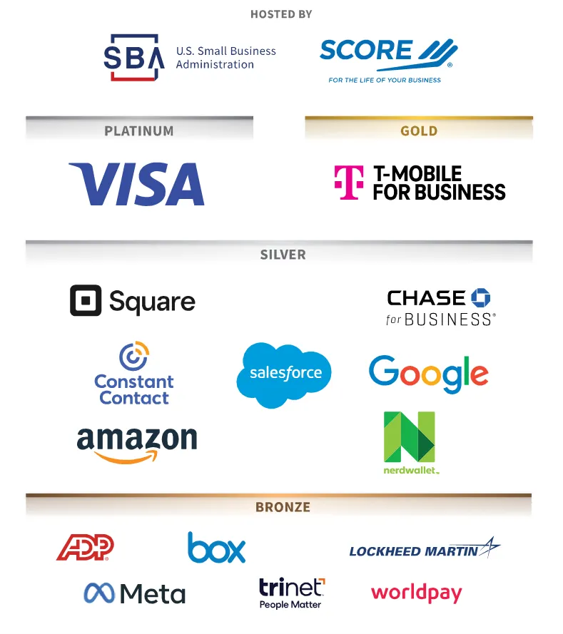 NSBW 2024 cosponsor logos. Platinum: Visa; Gold: T-mobile for Business; Silver: Square, Chase for Business, Constant Contact, Salesforce, Google, Amazon, Nerdwallet; Bronze: ADP, Box, Lockheed Martin, Meta, Trinet, Worldpay