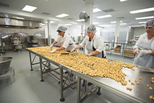 Workers at a long table in the Brandini Toffee production facility preparing toffee.