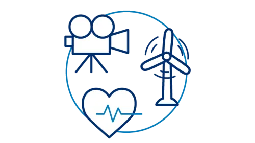 A movie camera, a wind turbine, and a heart.