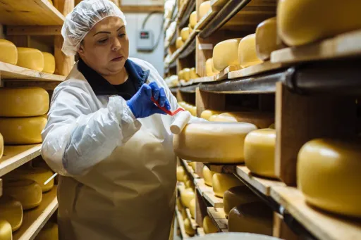 A creamery worker wearing an opaque hair bonnet, blue latex gloves, and a white smock smoothes the yellow, waxy skin of a round cake of aging cheese with a gauzy roller. 