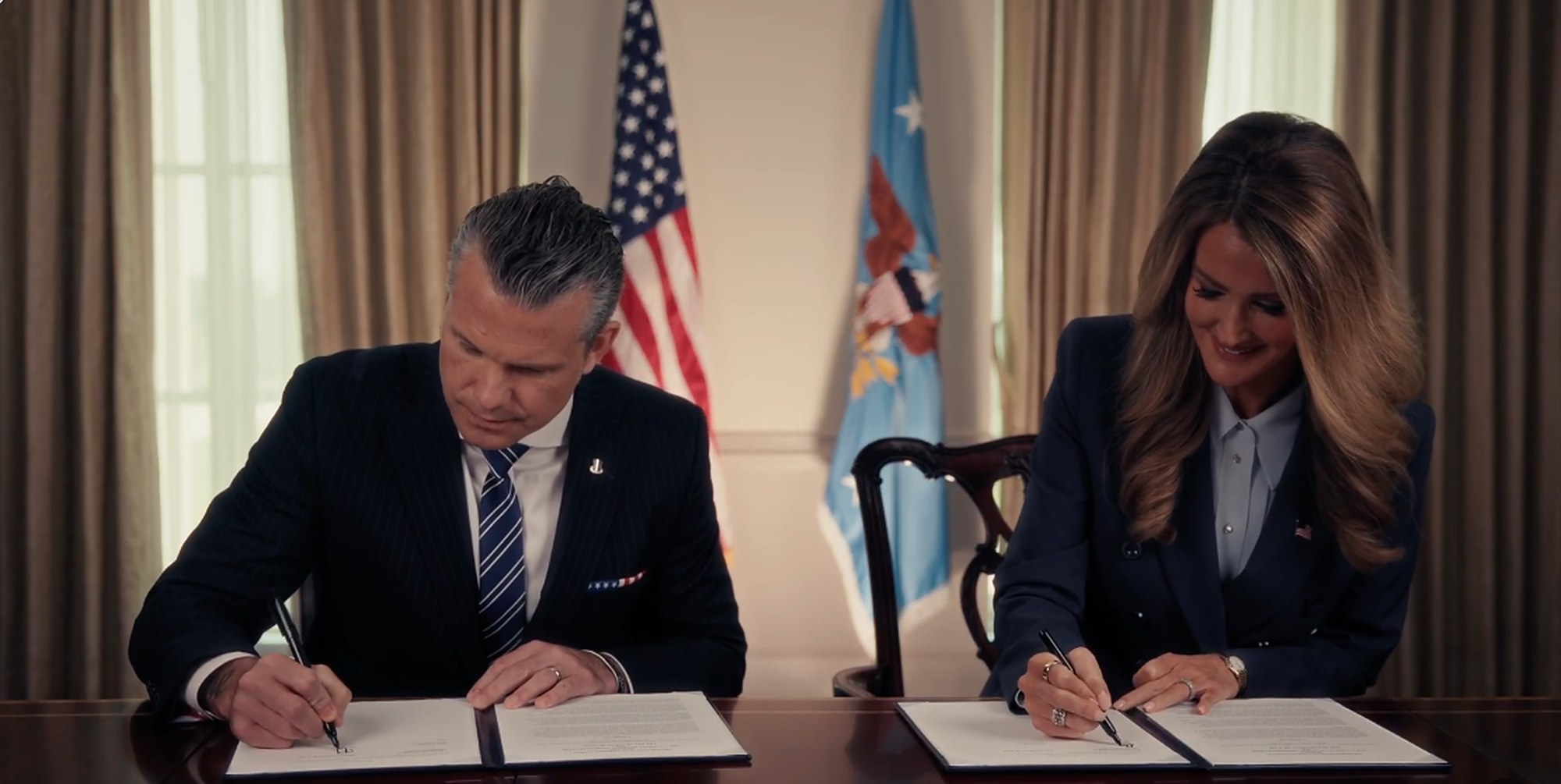 Secretary of War Pete Hegseth and Administrator Kelly Loeffler sign the memorandum establishing the Smaller War Plants Commission.