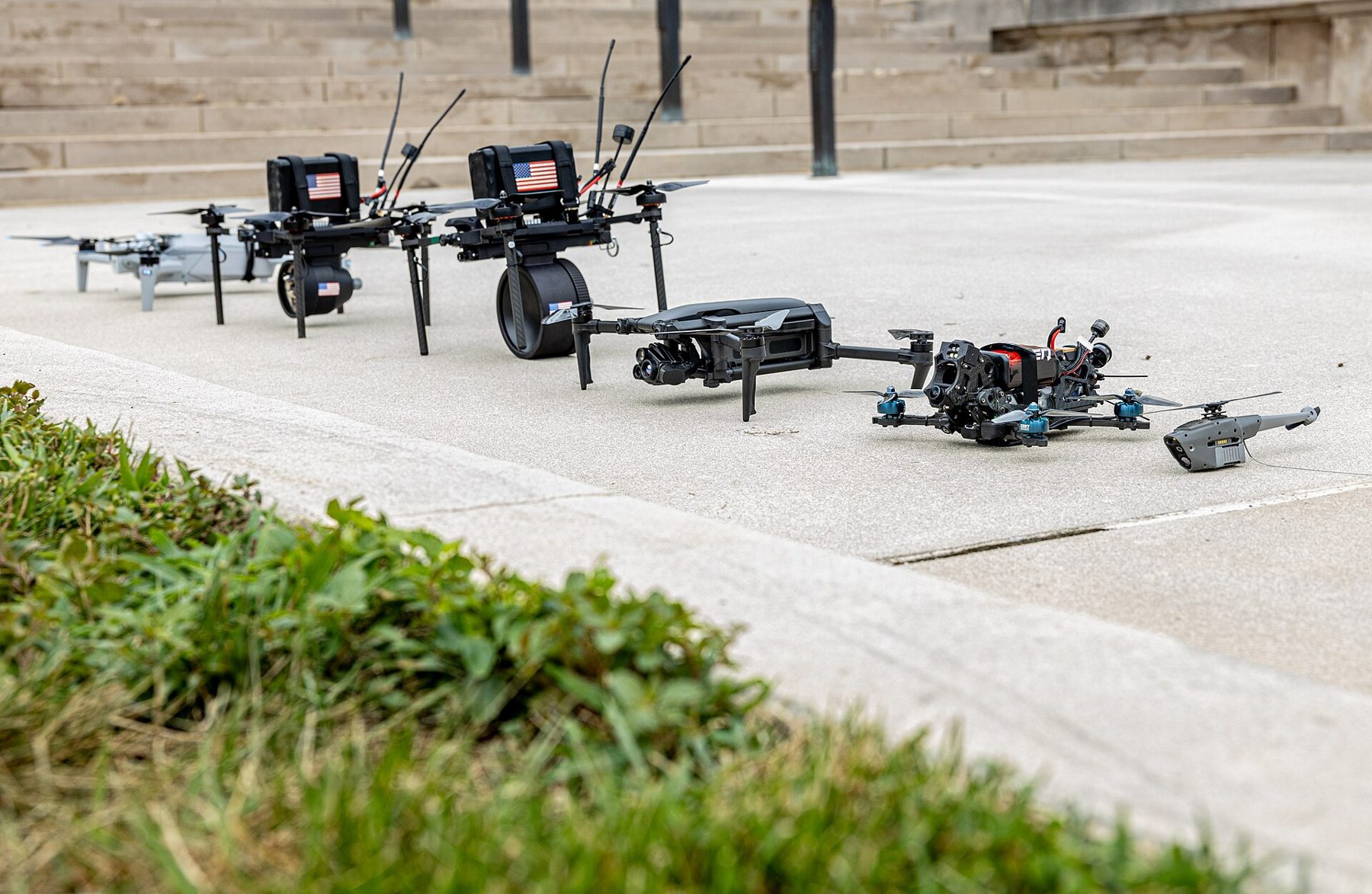 Small unmanned aircraft systems staged at the Pentagon, July 10, 2025. Department of War photo.